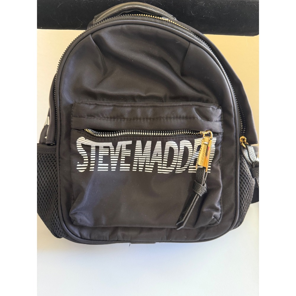 Steve Madden Black Nylon Mini Backpack White Logo Print Gold Tone Hardware